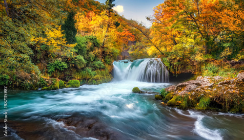  Autumn landscape - view of a mountain river with a cascade of waterfallsin the autumn forest 