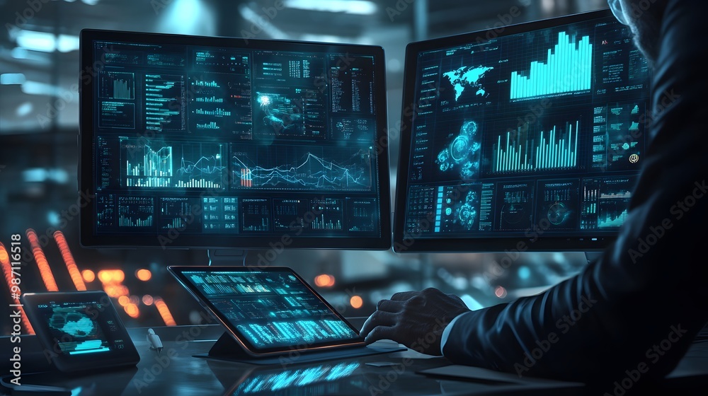 A futuristic workspace featuring a businessman using dual monitors and a tablet to analyze fluctuating business graphs. The screens are glowing with complex data visualizations, and the businessman is A futuristic workspace featuring a businessman using dual monitors and a tablet to analyze fluctuating business graphs. The screens are glowing with complex data visualizations, and the businessman is