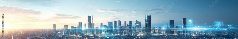 Fototapeta premium The design should feature a futuristic cityscape with stylized elements representing each sector--modern skyscrapers for Real Estate