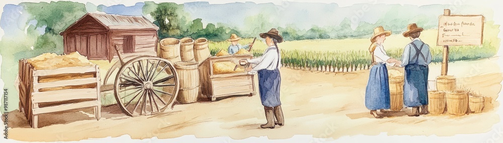Illustration of a rural marketplace showcasing farmers selling produce with vintage carts and wooden crates in a serene landscape. Illustration of a rural marketplace showcasing farmers selling produce with vintage carts and wooden crates in a serene landscape.