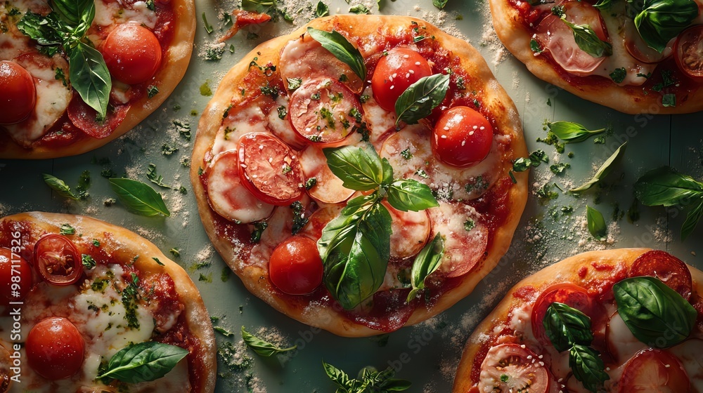 A close-up of four delicious pizzas with fresh toppings, including tomatoes, basil, and cheese. A close-up of four delicious pizzas with fresh toppings, including tomatoes, basil, and cheese.