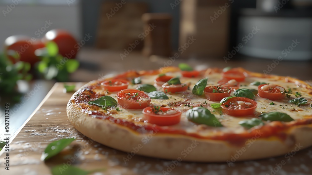 A freshly baked pizza with tomato sauce, mozzarella cheese, and fresh basil leaves. The pizza is sitting on a wooden cutting board. A freshly baked pizza with tomato sauce, mozzarella cheese, and fresh basil leaves. The pizza is sitting on a wooden cutting board.