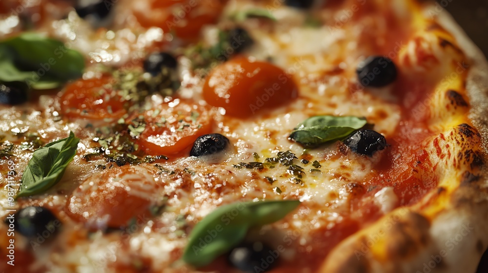 Close-up of a delicious pizza with melted cheese, tomato sauce, and fresh basil. Close-up of a delicious pizza with melted cheese, tomato sauce, and fresh basil.