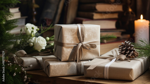 Christmas gift box wrapping idea for boxing day and winter holidays in the English countryside tradition