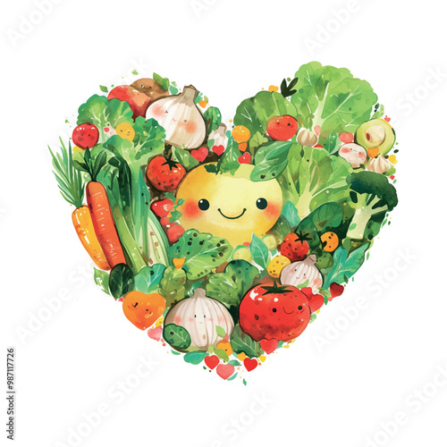 A cartoon heart made of vegetables and fruits. The heart is full of vegetables and fruits such as carrots, broccoli, and tomatoes. The cartoon character inside the heart is smiling and happy
