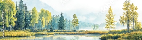 Serene landscape featuring lush trees, a calm lake, and misty mountains, perfect for relaxation and nature lovers.