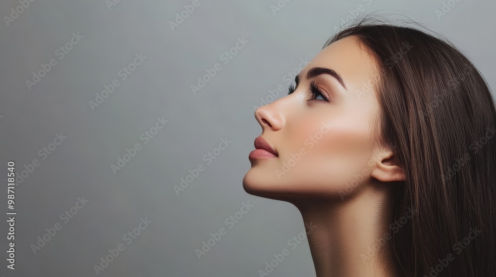 Side profile of elegant young woman with smooth skin and neutral background Side profile of elegant young woman with smooth skin and neutral background