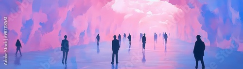 Surreal scene with silhouetted figures in a vibrant, ethereal space filled with pink and blue hues, evoking a sense of wonder.