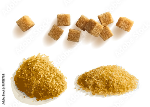 Piles and cubes of brown sugar. Vector objects isolated on white background. 