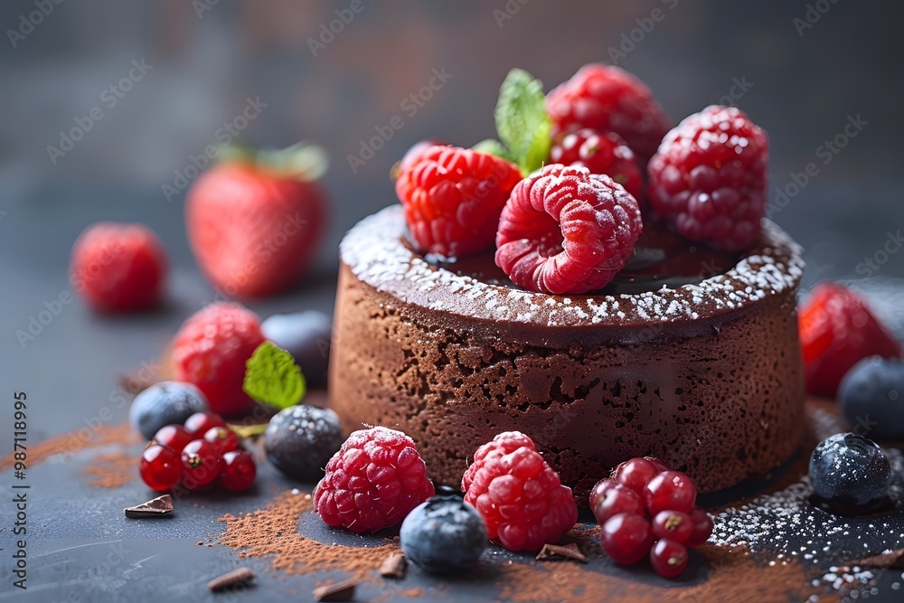 Decadent Chocolate Lava Cake with Fresh Berries Topped with Powdered Sugar for Dessert Photography and Food Blogs Decadent Chocolate Lava Cake with Fresh Berries Topped with Powdered Sugar for Dessert Photography and Food Blogs