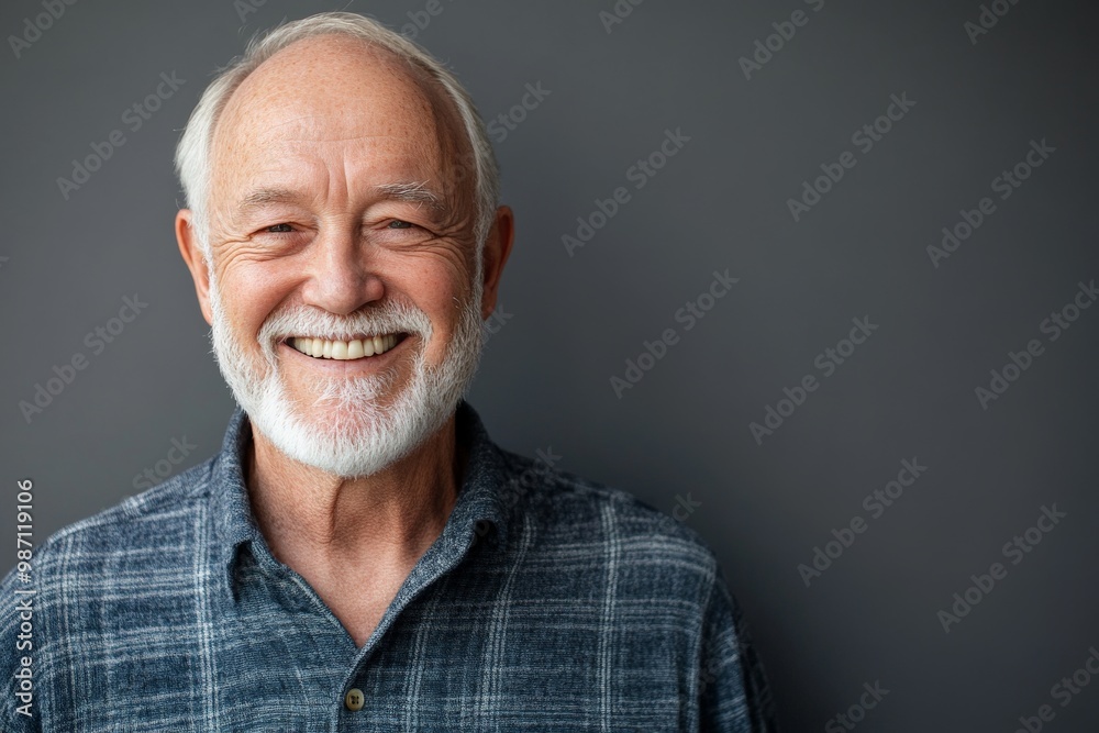 Obraz premium Smiling elderly man with white beard against gray background