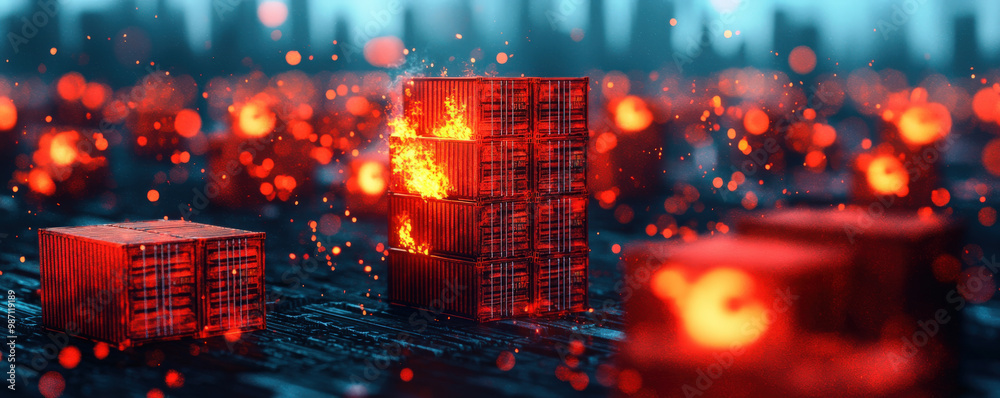 image depicts vibrant scene of shipping containers with glowing effects, suggesting dynamic and intense atmosphere. visual emphasizes concept of global trade and logistics image depicts vibrant scene of shipping containers with glowing effects, suggesting dynamic and intense atmosphere. visual emphasizes concept of global trade and logistics