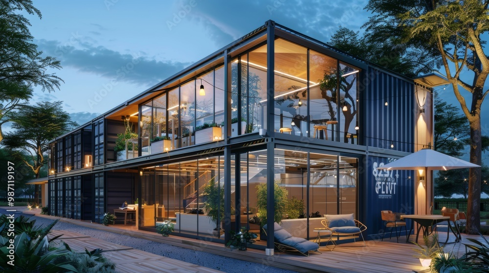 Illuminated Luxury Eco Friendly Sustainable Modern Smart Home Surrounded by Nature at Sunset Illuminated Luxury Eco Friendly Sustainable Modern Smart Home Surrounded by Nature at Sunset