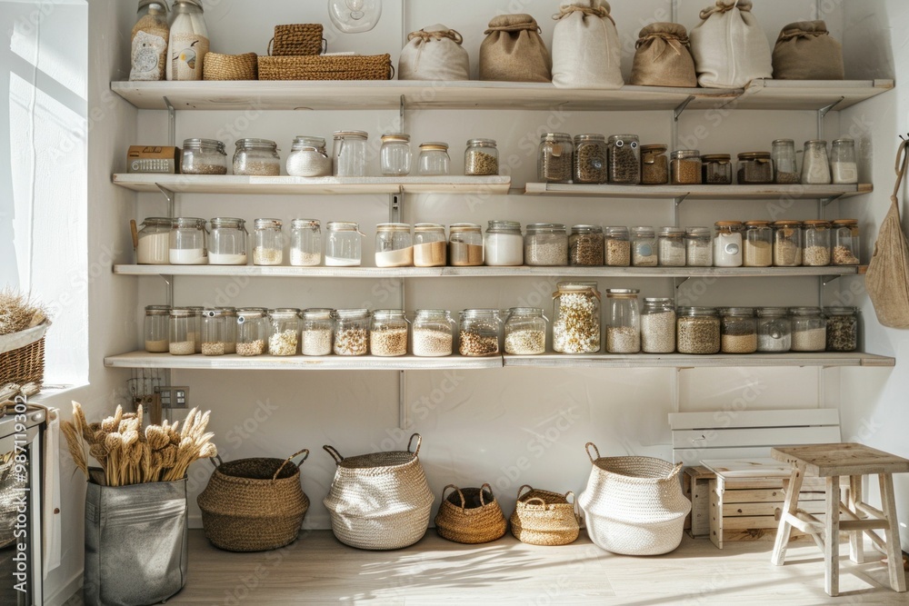 Cozy kitchen pantry with jars and baskets on shelves, bright and organized, creating a rustic and inviting atmosphere Cozy kitchen pantry with jars and baskets on shelves, bright and organized, creating a rustic and inviting atmosphere