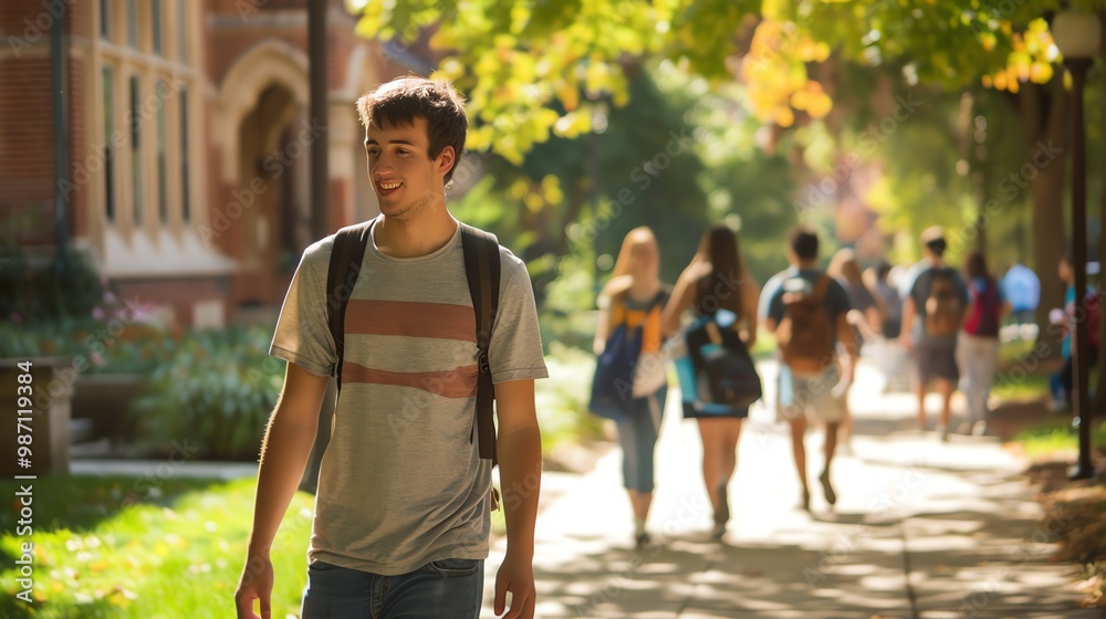 Obraz premium A young man smiles as he walks through a college campus, his backpack slung over his shoulder.