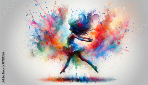 A woman dancing with an explosion of vibrant colors radiating from her, capturing the essence of freedom and artistic expression