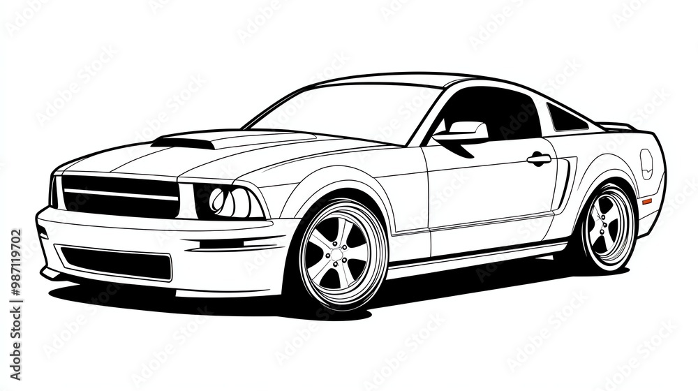 Naklejka premium A sleek, black and white illustration of a sports car, captured in a dynamic pose.
