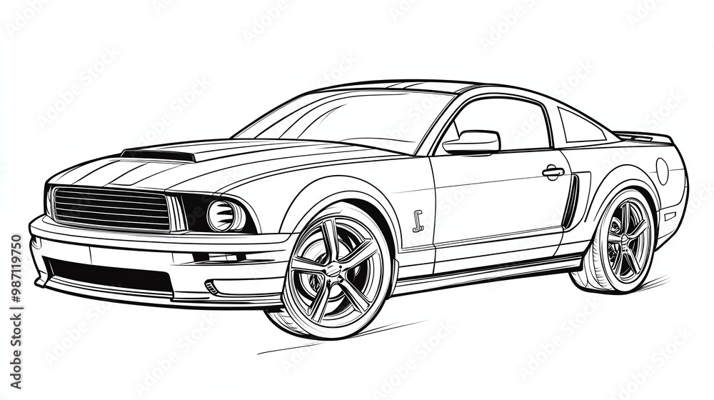 Naklejka premium A black and white illustration of a sleek sports car. The car is drawn in a simple, cartoon style, with bold lines and curves.