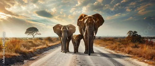 Fototapeta African elephant family on the road.