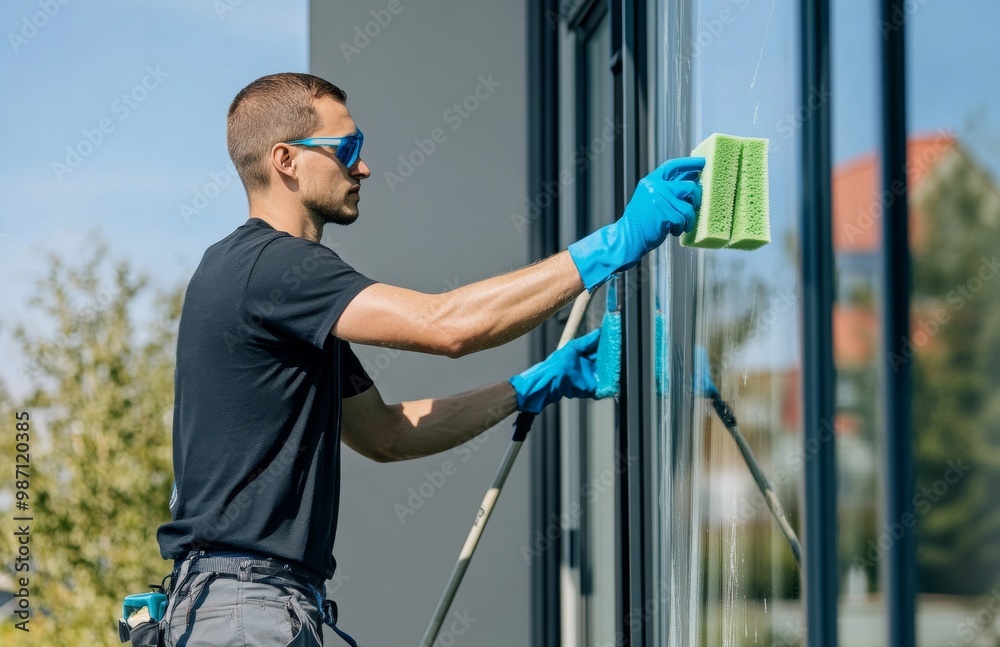 Worker cleans windows with equipment outdoors. Worker cleans windows with equipment outdoors.