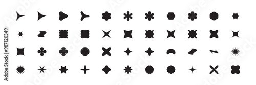 Geometric shape collection, set of diverse abstract black silhouettes of y2k shapes isolated on white background