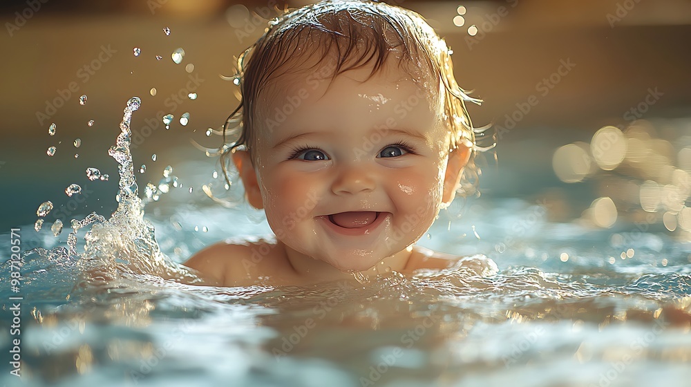 A baby with blue eyes smiles while playing in a pool of water. A baby with blue eyes smiles while playing in a pool of water.