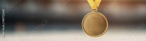 Close-up of a shiny gold medal hanging on a ribbon, symbolizing achievement and victory in competitions and sports events. photo