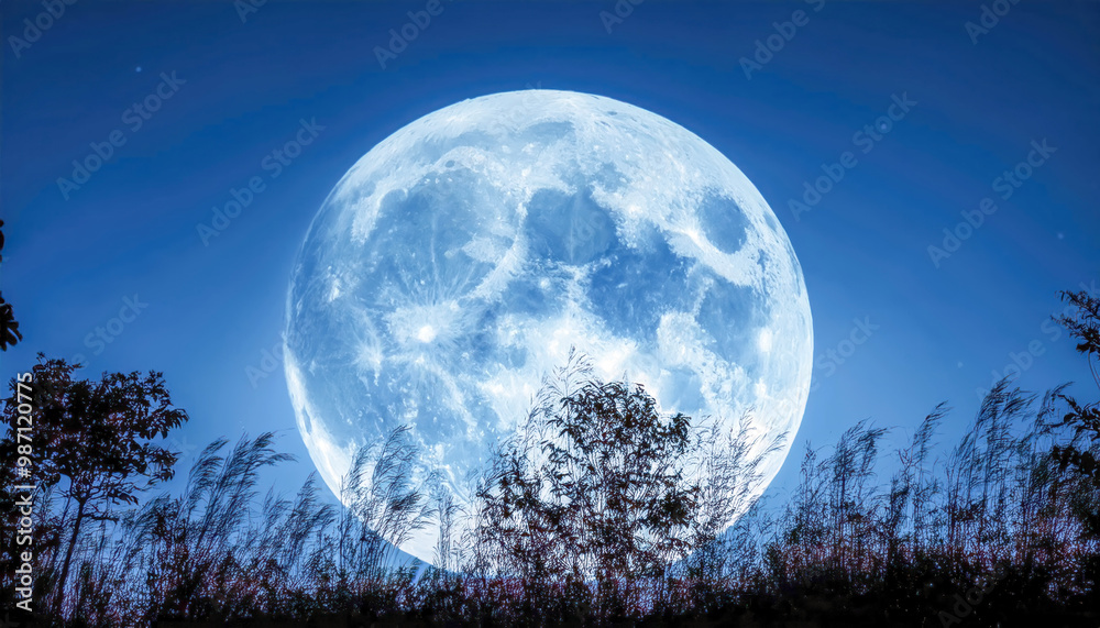 Blue Full Moon of August with plants in front Blue Full Moon of August with plants in front