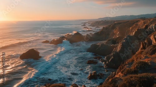 Capture the beauty of a rugged coastline at sunset Use a Sony  7 III camera with a 100mm lens and F 12 aperture setting to isolate the subject and create a dreamlike atmosphere The photo