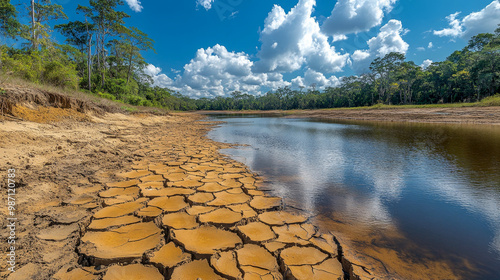 Amazon rainforest river shrinks from severe drought and deforestation, leaving cracked, dry bed