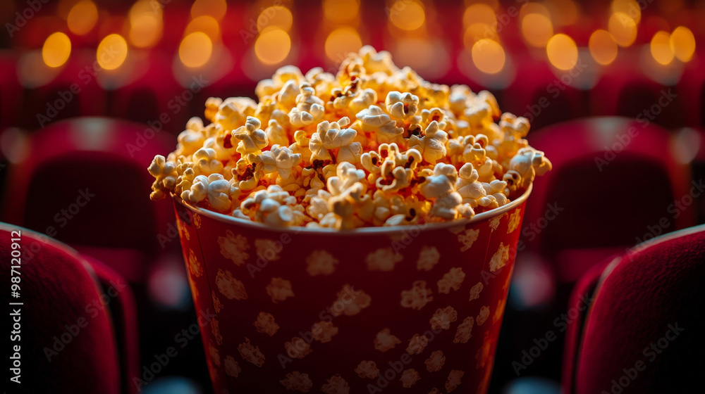 Empty movie theater seat with a bucket of popcorn on top Empty movie theater seat with a bucket of popcorn on top