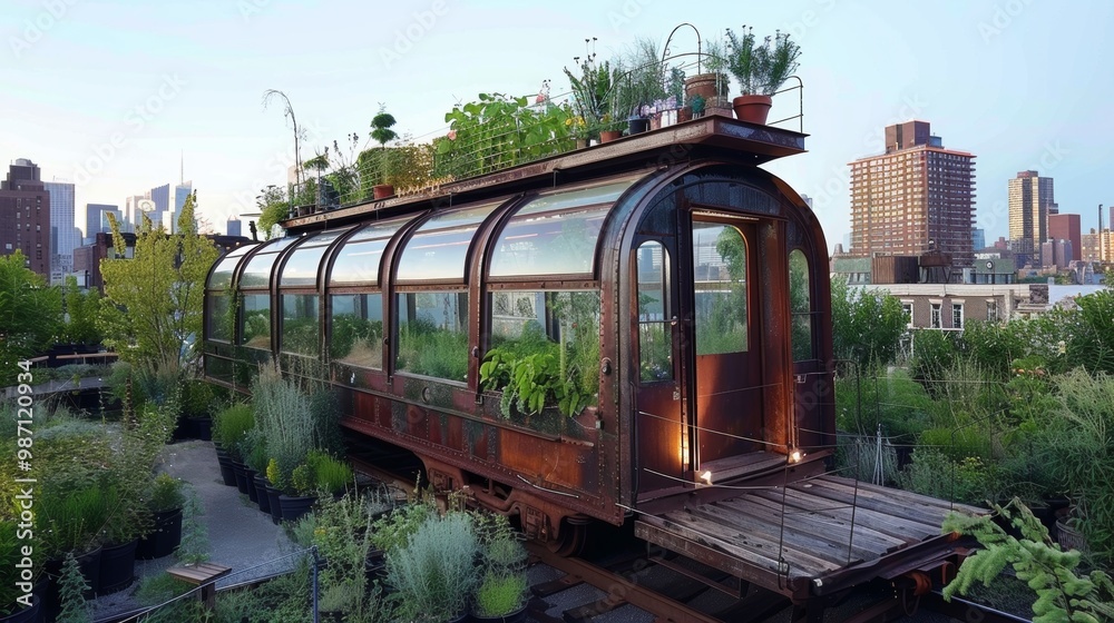 Naklejka premium Innovative Rooftop Garden Greenhouse in Urban Cityscape with Commuter Train