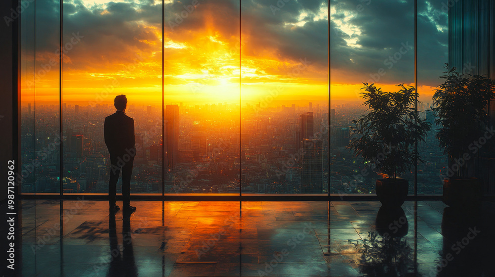Businessman admires the stunning sunset over the cityscape Businessman admires the stunning sunset over the cityscape