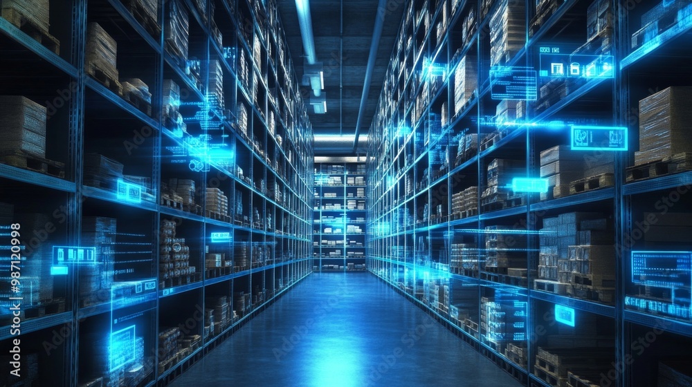 custom made wallpaper toronto digitalA futuristic warehouse corridor illuminated with blue digital data projections, AI Generative