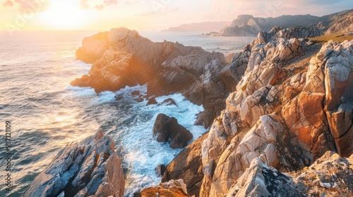 Capture the beauty of a rugged coastline at sunset Use a Sony  7 III camera with a 100mm lens and F 12 aperture setting to isolate the subject and create a dreamlike atmosphere The photo