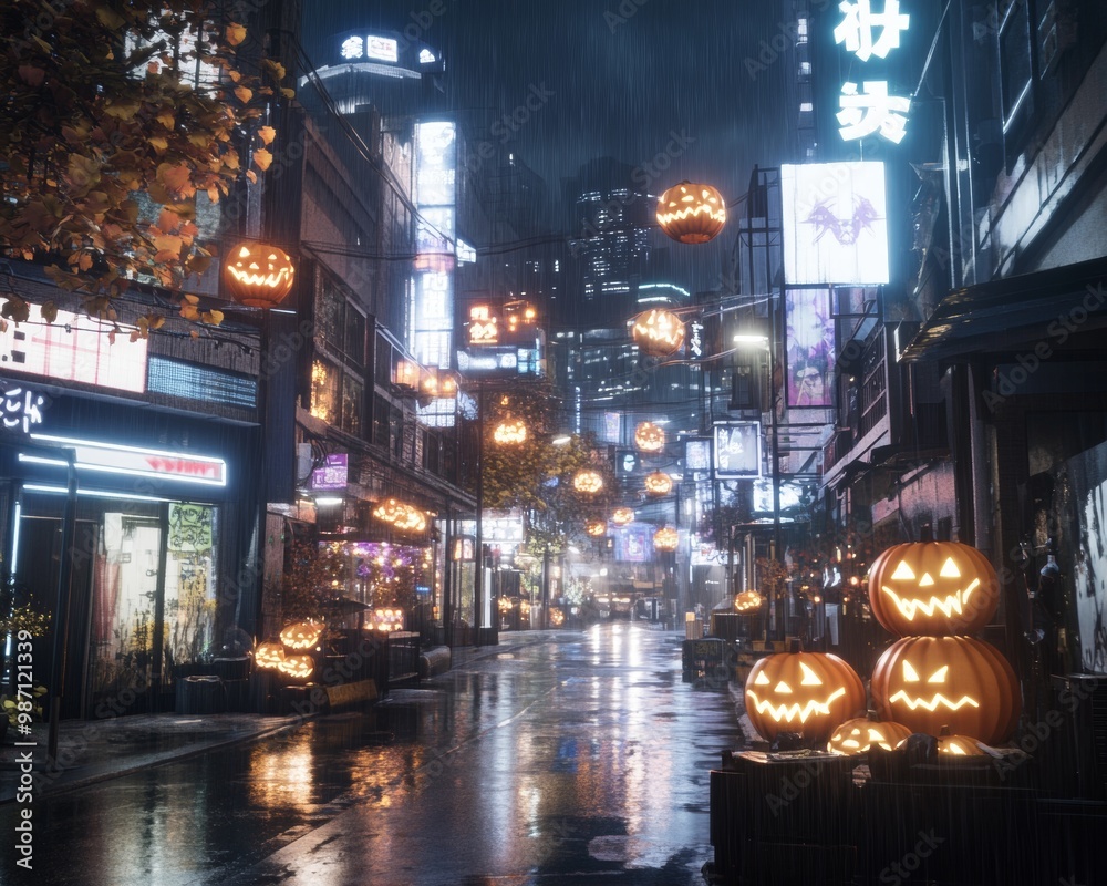 Obraz premium Cyberpunk Halloween street scene with neon-lit jack-o-lanterns futuristic costumes