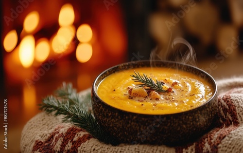 Warm Pumpkin Soup by the Fireplace