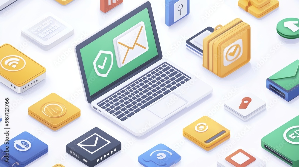 Laptop computer and digital icons on minimalist white background Laptop computer and digital icons on minimalist white background