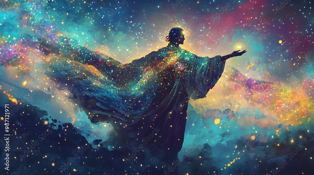 Obraz premium Mystical Figure with Starry Sky and Golden Dust