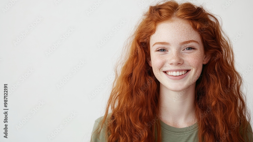 Smiling redhead woman with curly hair and freckles against white background Smiling redhead woman with curly hair and freckles against white background