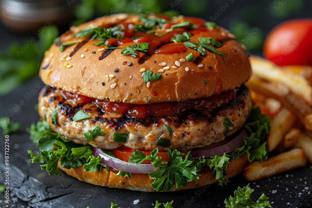 Gourmet Chicken Burger with Fresh Herbs and Fries - Perfect for Food Photography and Menu Design Gourmet Chicken Burger with Fresh Herbs and Fries - Perfect for Food Photography and Menu Design