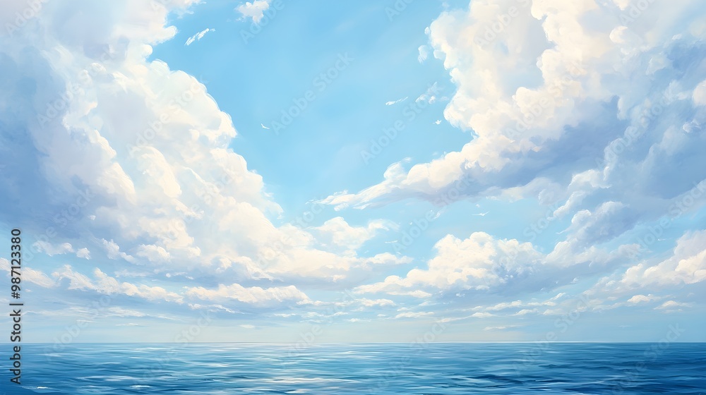 Blue Sky with White Fluffy Clouds Over Ocean