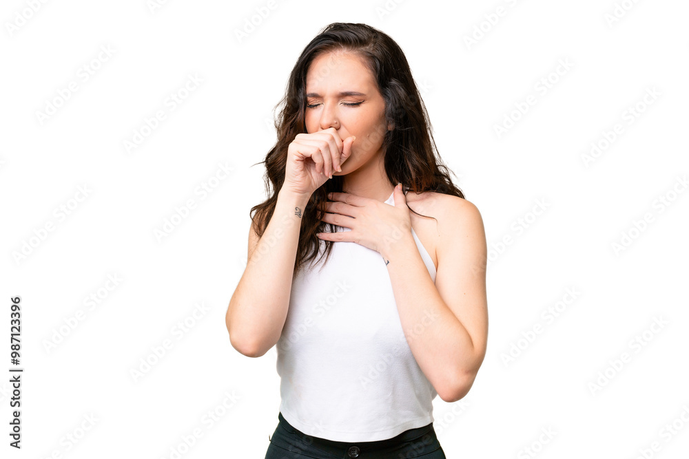 Young caucasian woman isolated over isolated background is suffering with cough and feeling bad Young caucasian woman isolated over isolated background is suffering with cough and feeling bad
