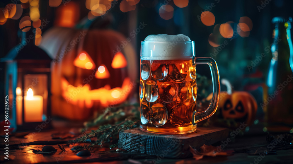Dark Halloween horizontal banner with beer mug on wooden table inside a pub. Background with pumpkin lantern, candle and bokeh lights. HD template for web design, advertisement or party invitation. Dark Halloween horizontal banner with beer mug on wooden table inside a pub. Background with pumpkin lantern, candle and bokeh lights. HD template for web design, advertisement or party invitation.