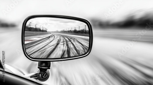 Minimalist Car Mirror with Racetrack Reflection in Soft Sunlight