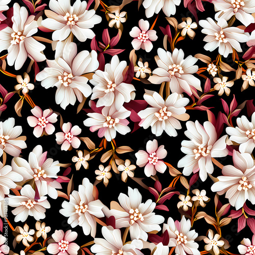 Seamless floral pattern, Illustration of flowers, stumpwork embroidery style