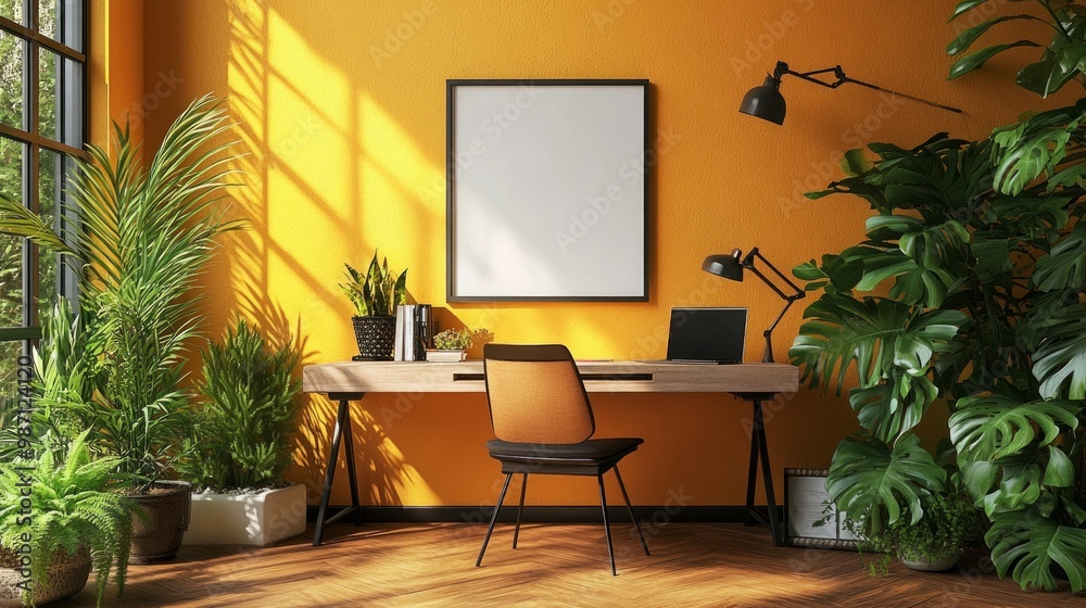 Fototapeta premium a mockup of an empty, blank poster, frame, in a home office with green plants, natural sunlight, shot on 12mm, AI Generative