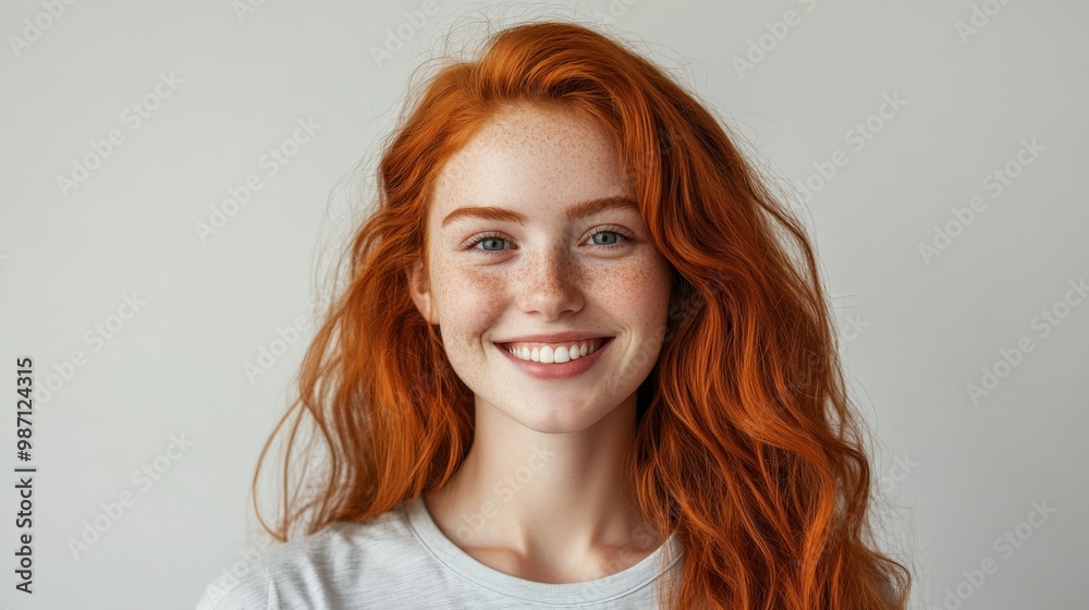 Smiling redhead woman with freckles and long wavy hair against gray background Smiling redhead woman with freckles and long wavy hair against gray background