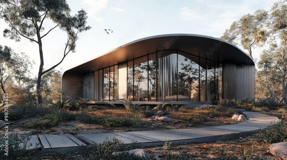 A modern Australian home with one side of the roof being curved, featuring metal sheet and glass. This work was created using C4D software, AI Generative A modern Australian home with one side of the roof being curved, featuring metal sheet and glass. This work was created using C4D software, AI Generative