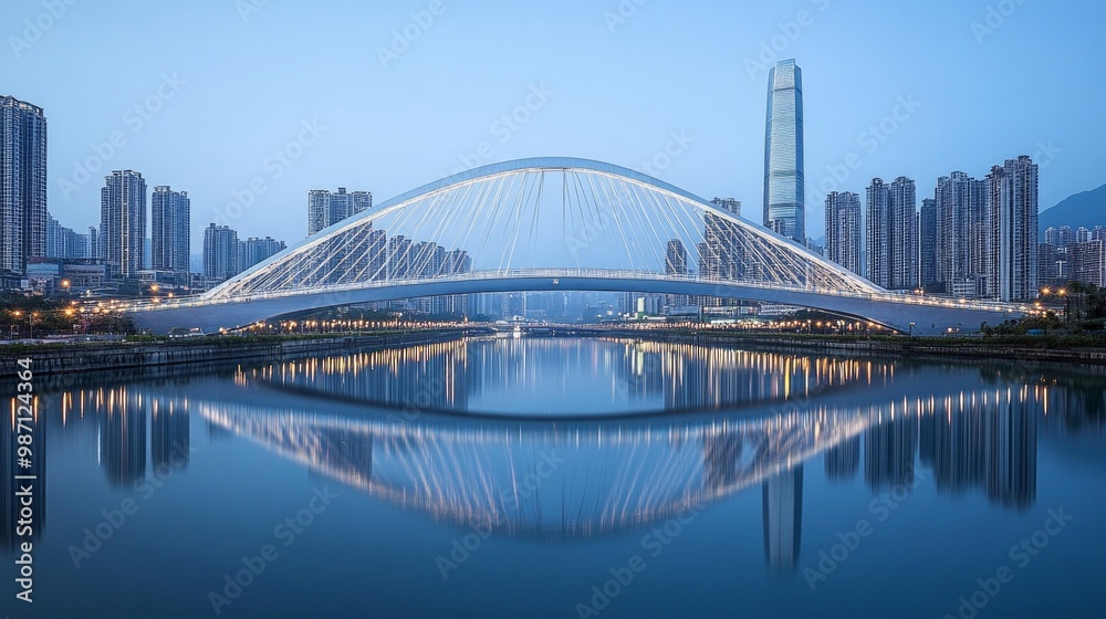 Fototapeta premium A modern bridge with an elegant, white, curved structure stands over the river in Shenzhen, China, AI Generative